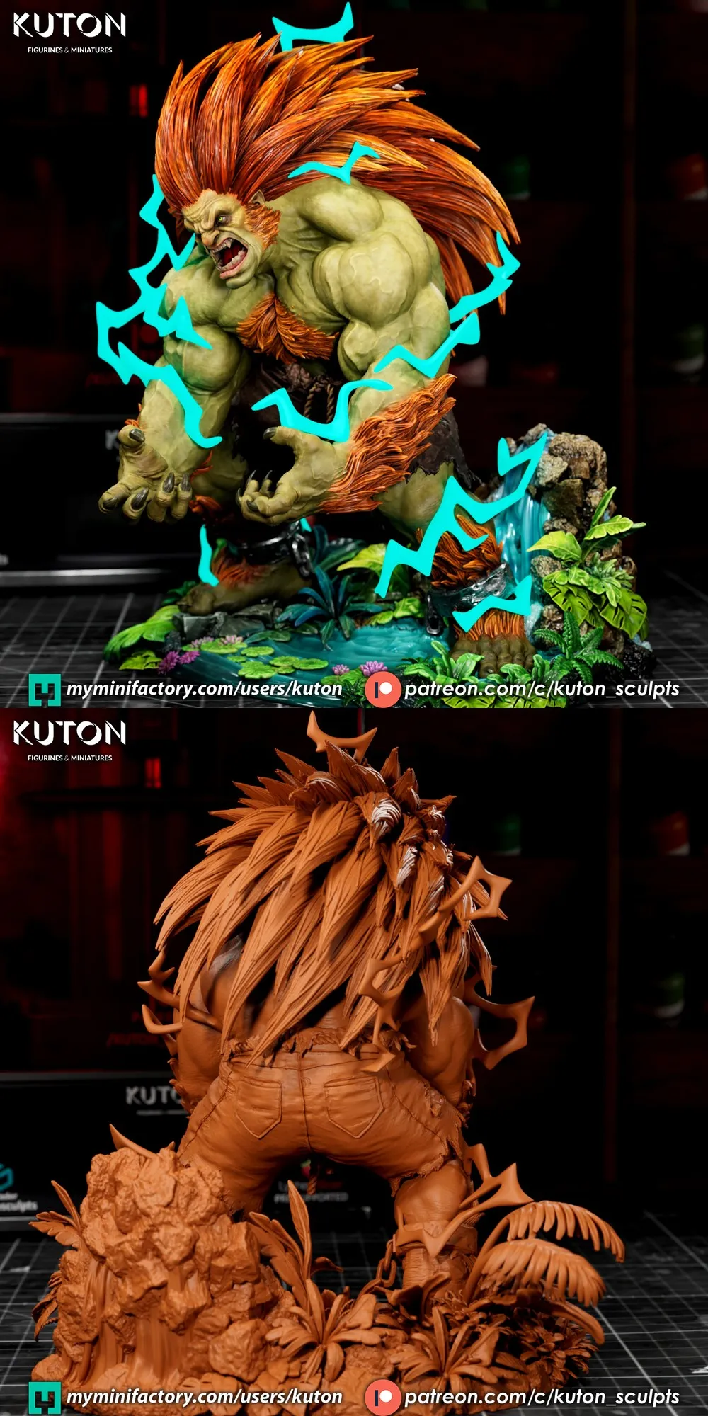 Blanka Street Fighter green character figurine with orange mane and jungle base
