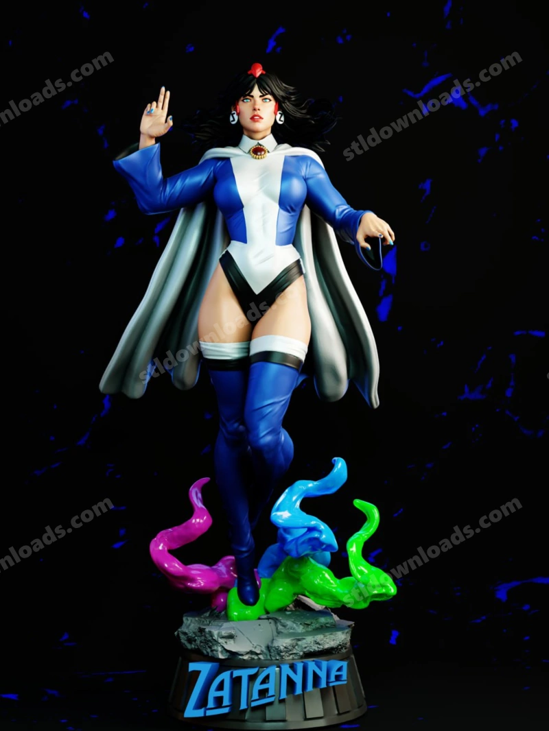 Zatanna DC Comics statue in blue-and-white costume with cape and magical effects