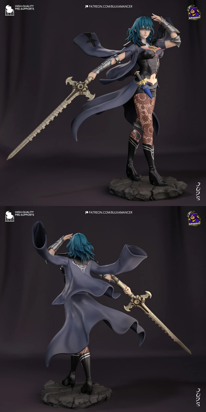 Ashen Professor original character statue with blue hair, sword, flowing coat, and rocky base