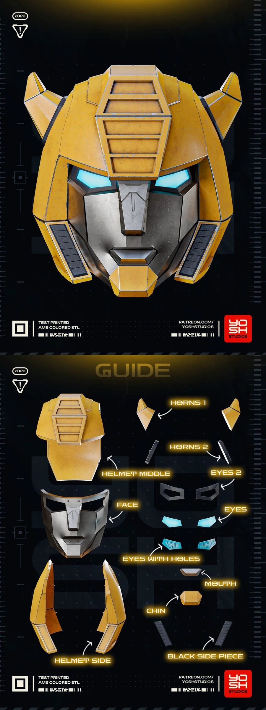 Yellow Bumblebee G1 Transformers helmet with horns and blue eyes