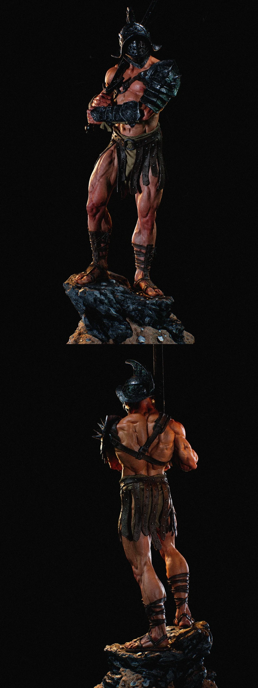 Original gladiator character statue with helmet, armor, weapon, and rocky base