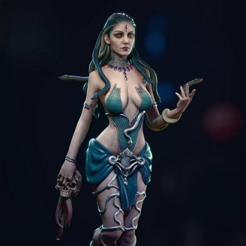 Medusa Greek mythology figure with snakes, jewelry, skull, and draped costume
