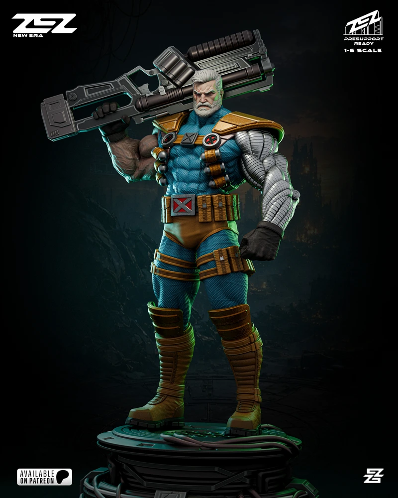 Cable Marvel figure with cybernetic arm, tactical armor, oversized sci-fi rifle, and display base