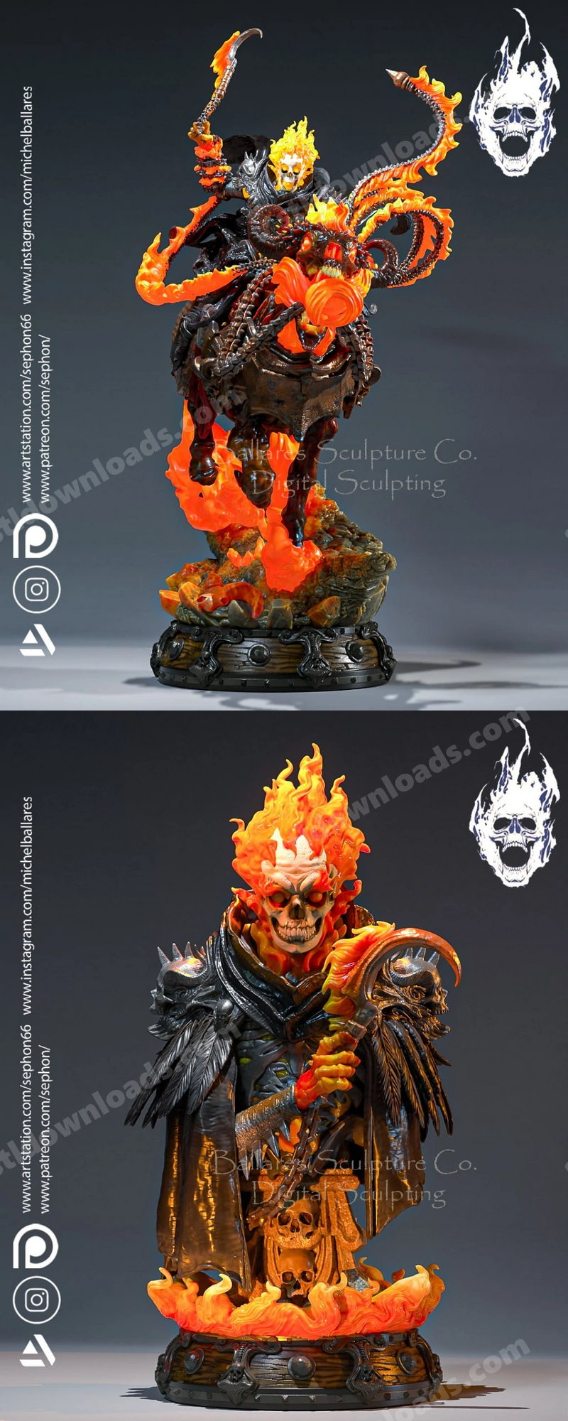 Marvel Ghost Rider statue with flaming skull, armor, chains, and fire effects