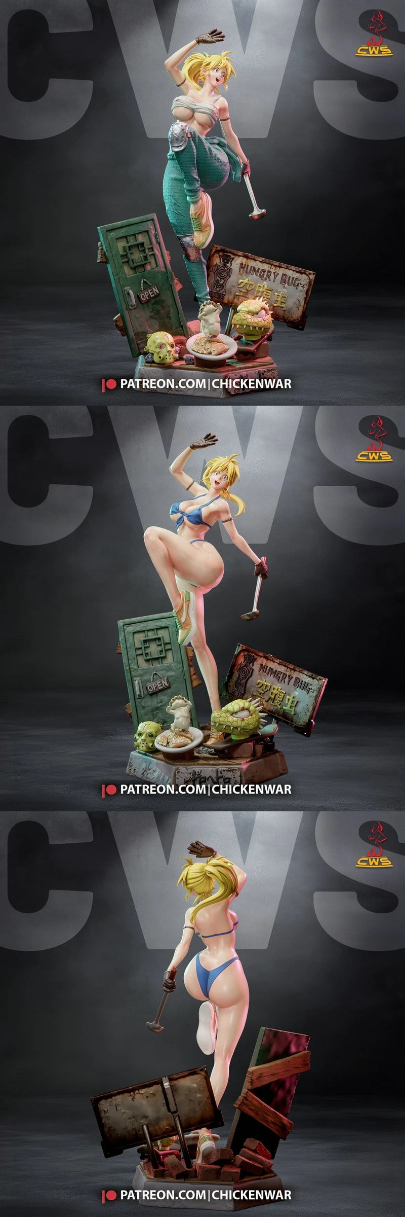 Nikaido from Dorohedoro holding a ladle on a detailed themed display base