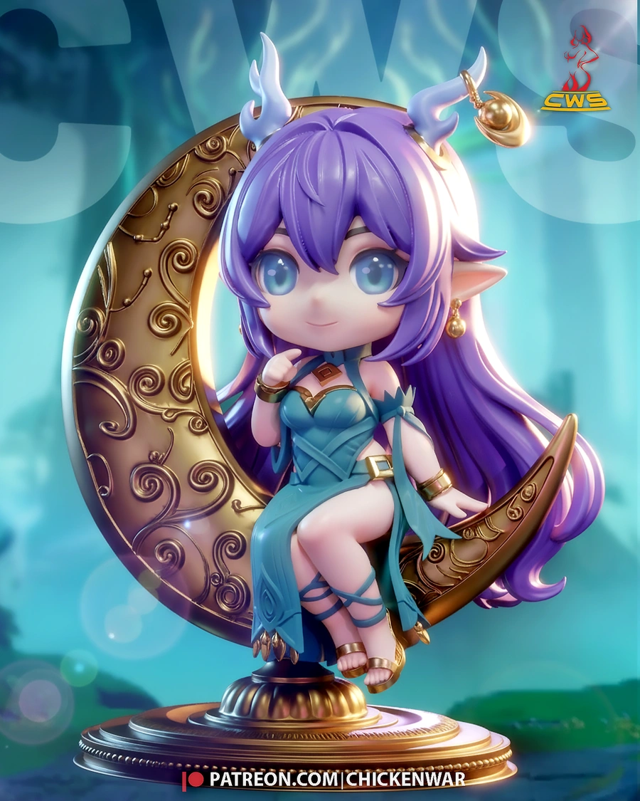 Chibi Lauma figure with purple hair, horns, turquoise dress, and ornate crescent seat