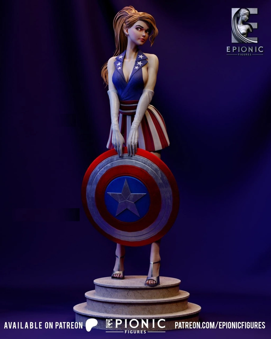 Female Captain America figurine with shield on a tiered pedestal