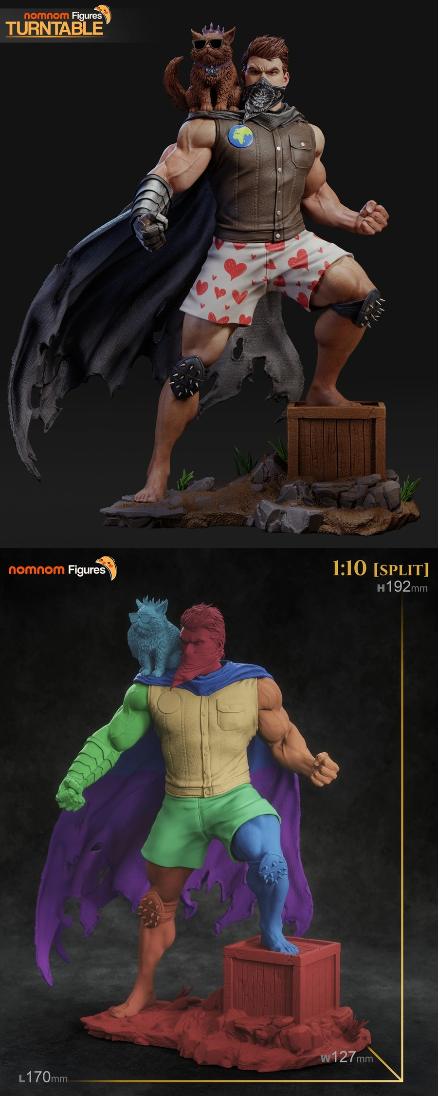 Carl statue from Dungeon Crawler Carl with a cat companion and tattered cape