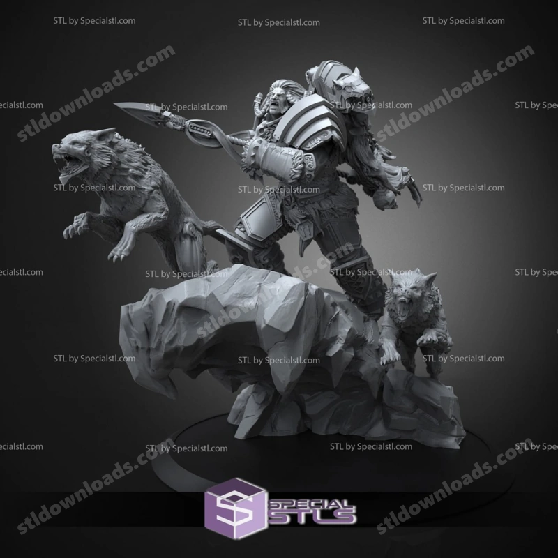 Armored Celtic knight with two wolves on a rocky fantasy diorama base