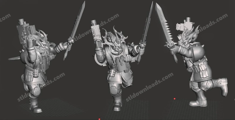 Horned Chaos Guard warrior miniature holding a sword in heavy armor