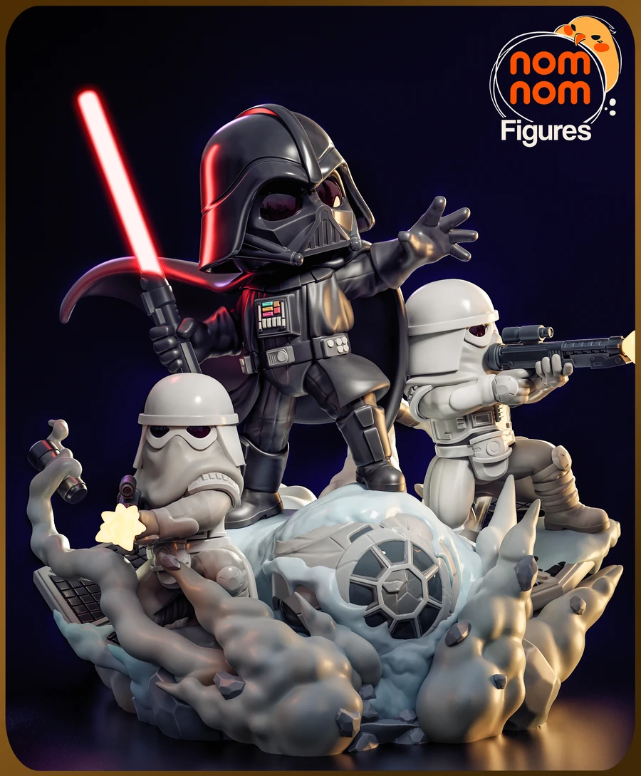 Chibi Darth Vader with a red lightsaber and stormtroopers on a sci-fi base