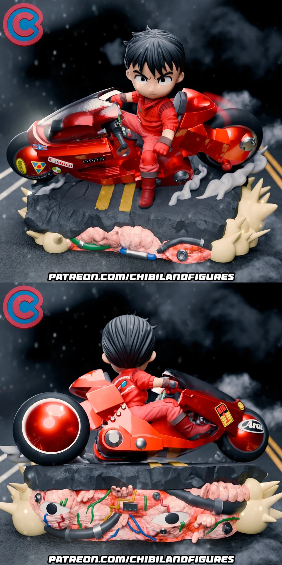 Chibi Kaneda riding a red motorcycle on a sculpted diorama base