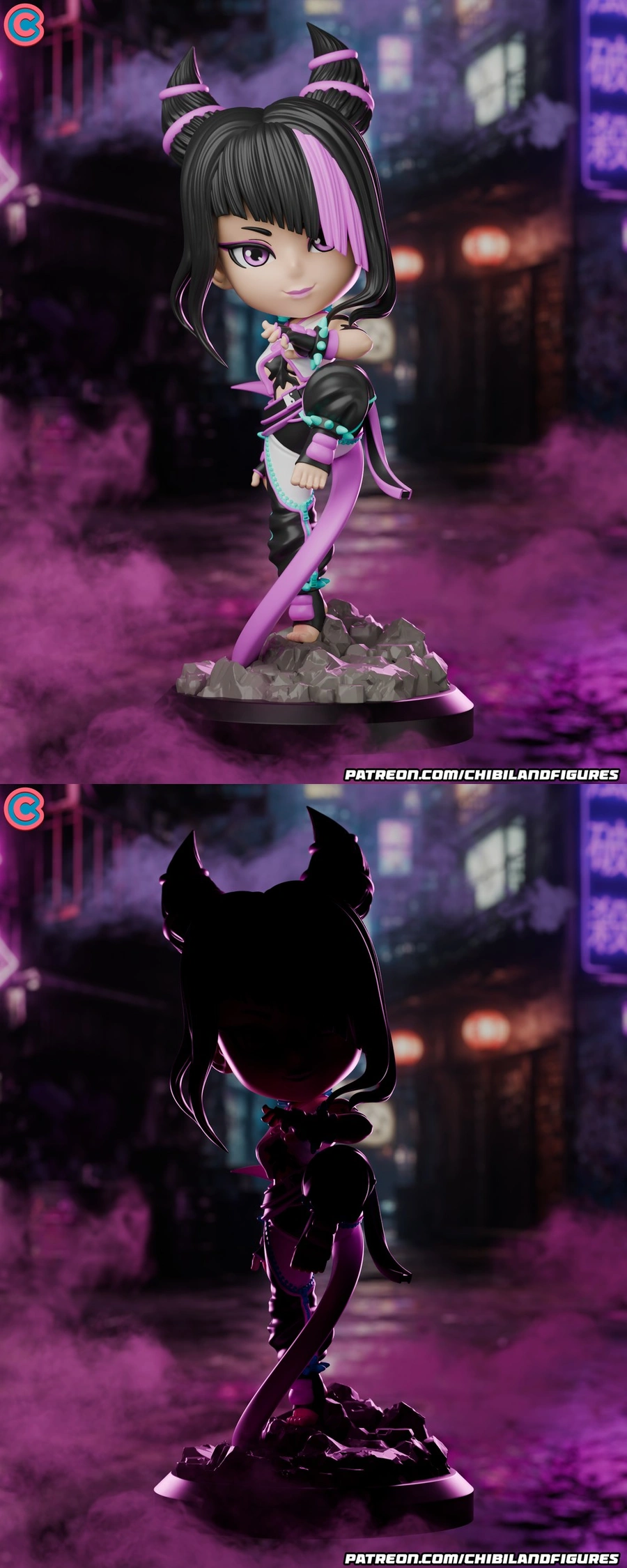 Chibi Juri Street Fighter figure with twin buns on a rocky base