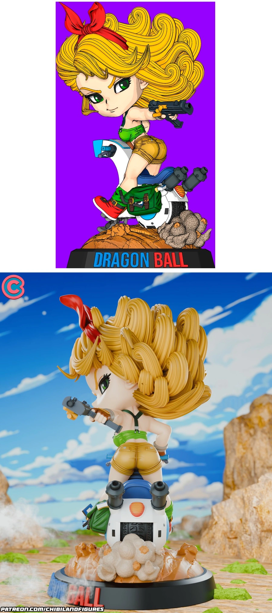 Chibi Dragon Ball character with blonde hair, blaster, hovercraft, and rocky base
