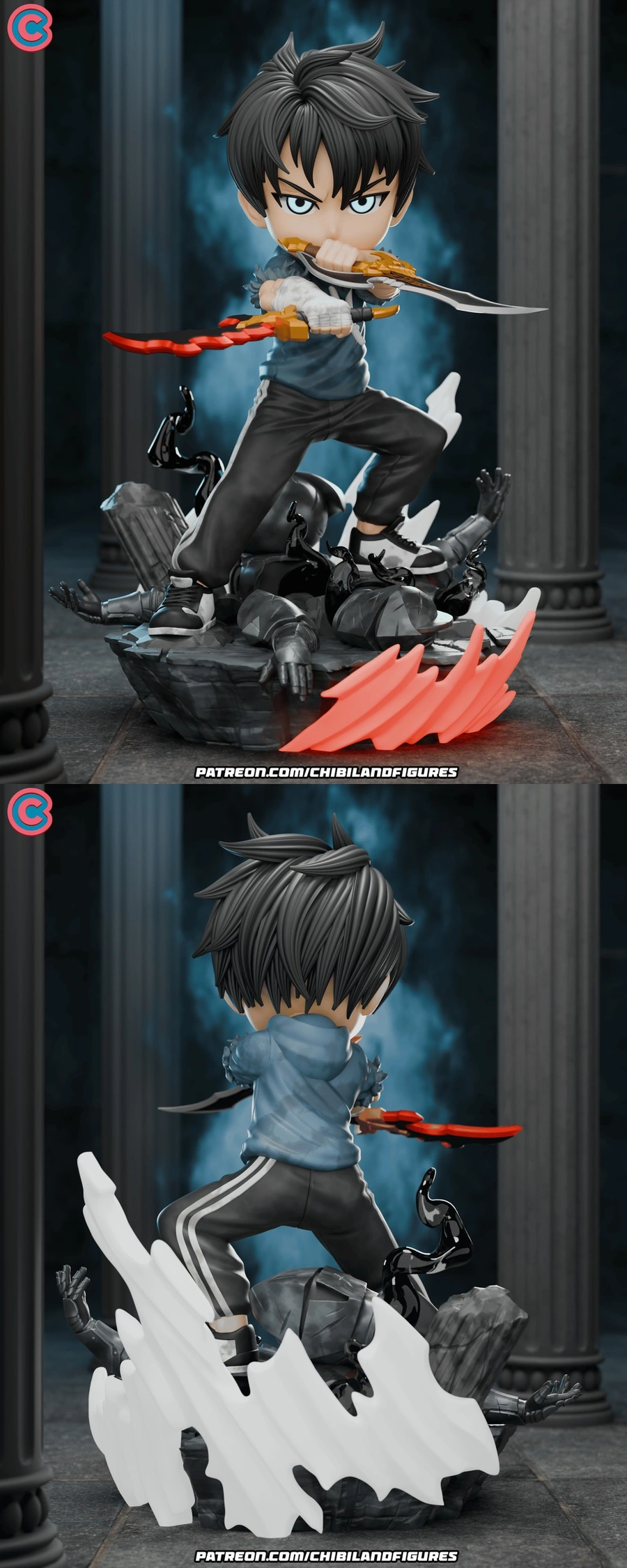 Chibi Sung Jin-Woo figure with blades, shadow figures, and dramatic effects
