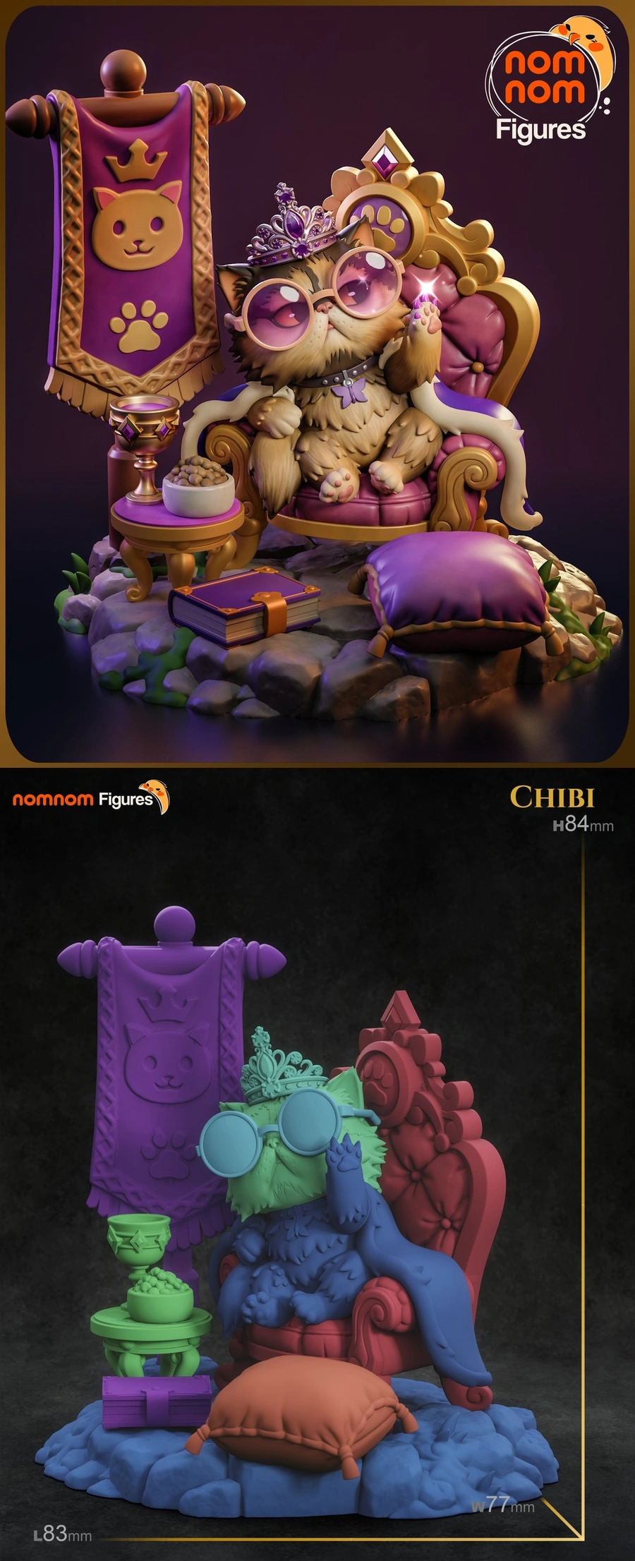 Princess Donut chibi cat figure wearing a crown and sunglasses on a purple throne