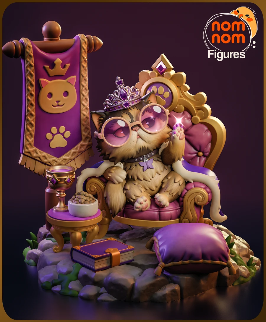 Princess Donut chibi cat in sunglasses and crown seated on a purple throne