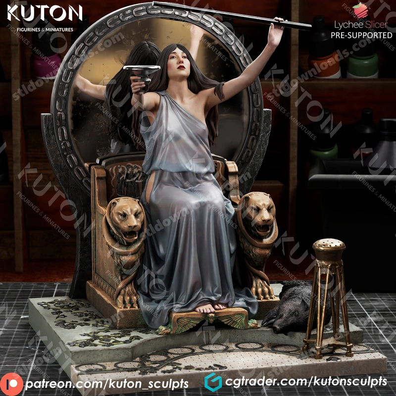 Circe seated on a lion-adorned throne, offering a cup to Ulysses in a Greek mythology statue