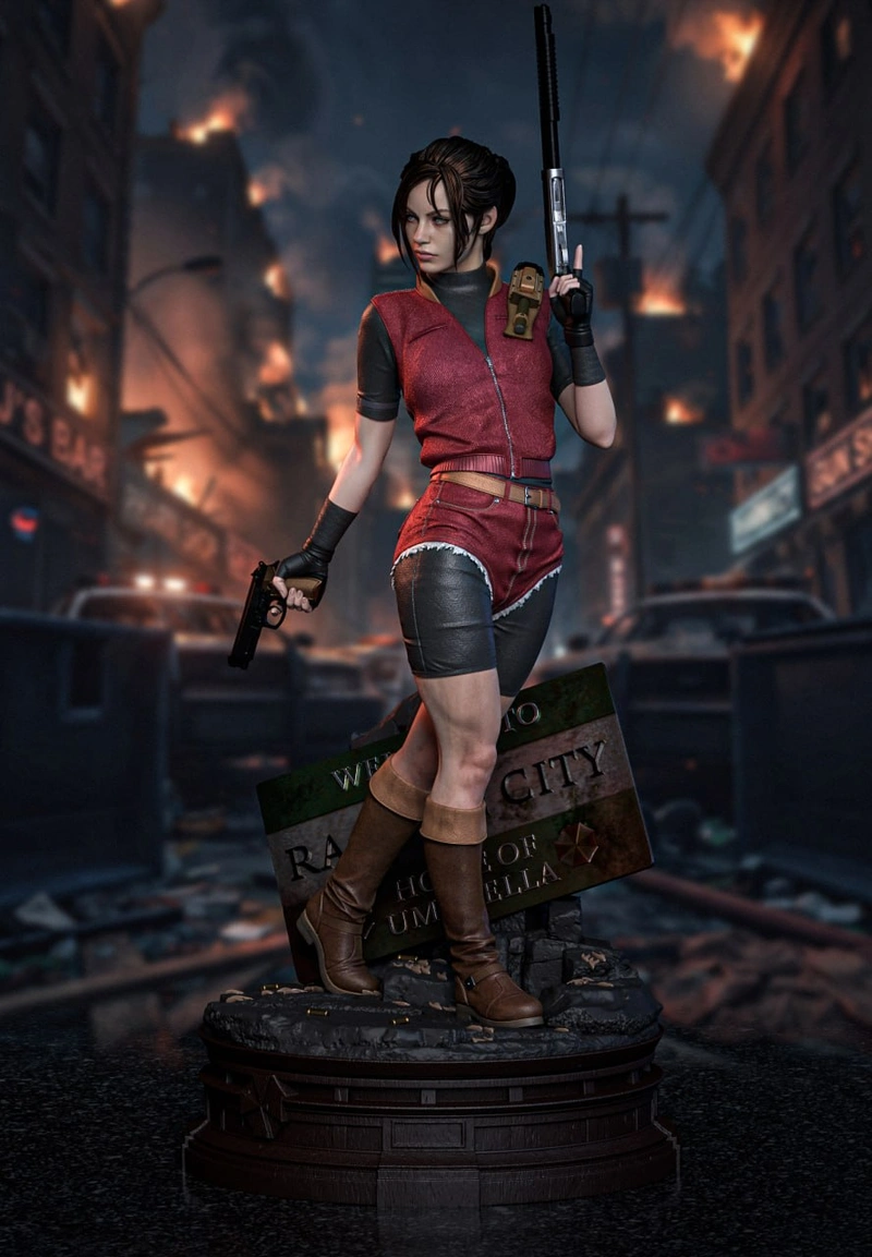 Claire Redfield Resident Evil STL figure with weapons on a ruined-city base