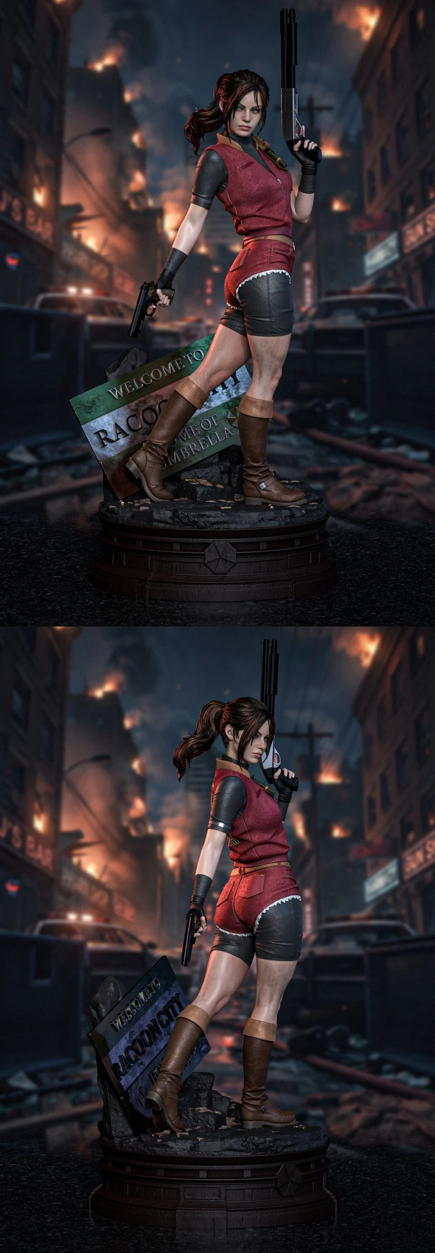 Claire Redfield Resident Evil figure in red outfit on a circular display base