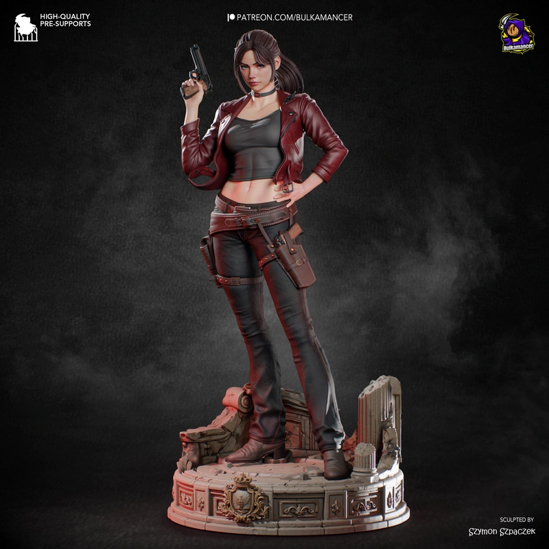 Claire Redfield Resident Evil figure with handgun on an ornate display base