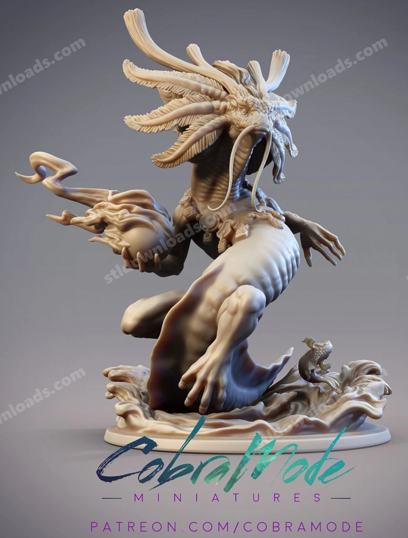 Ryujin Norinaga fantasy dragon-like creature statue on a flowing water base