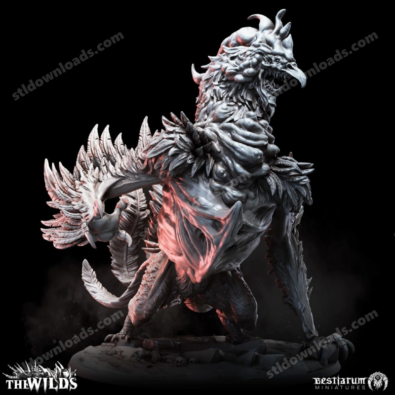 Horned feathered Cockatrice fantasy creature figure with a curled tail