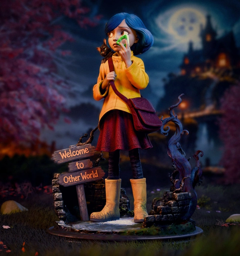 Coraline figurine in a yellow raincoat with a cat and Other World sign