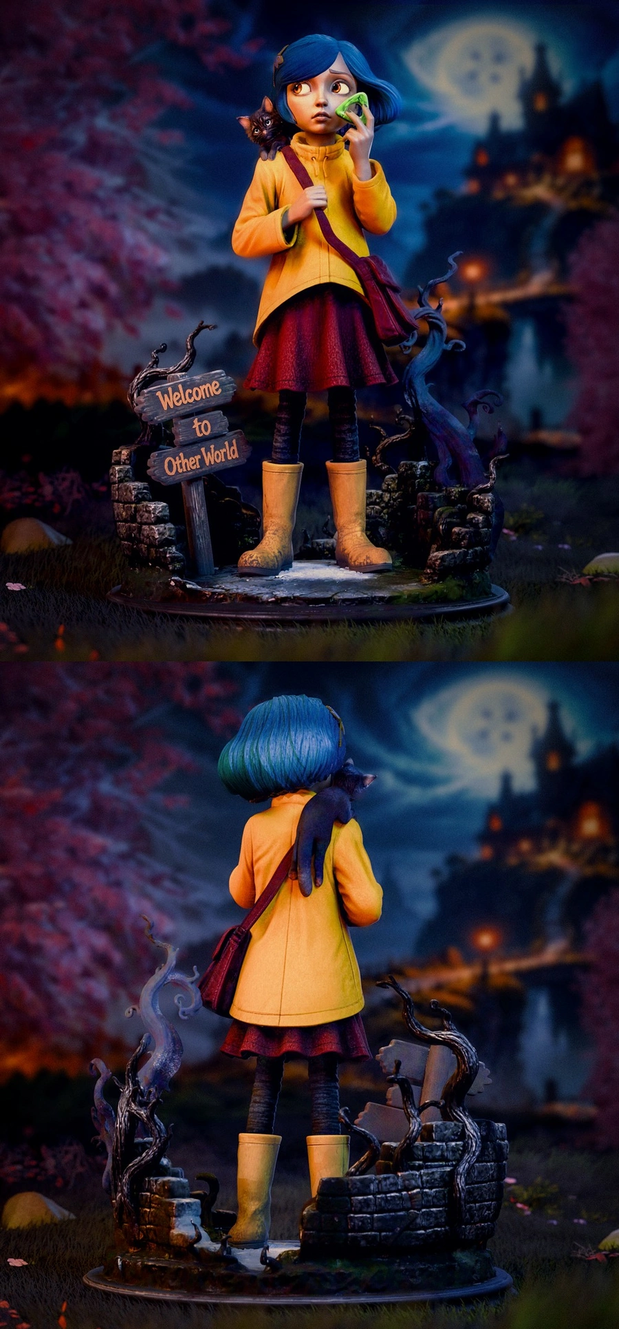 Coraline figure with blue hair, black cat, yellow coat, and Other World base