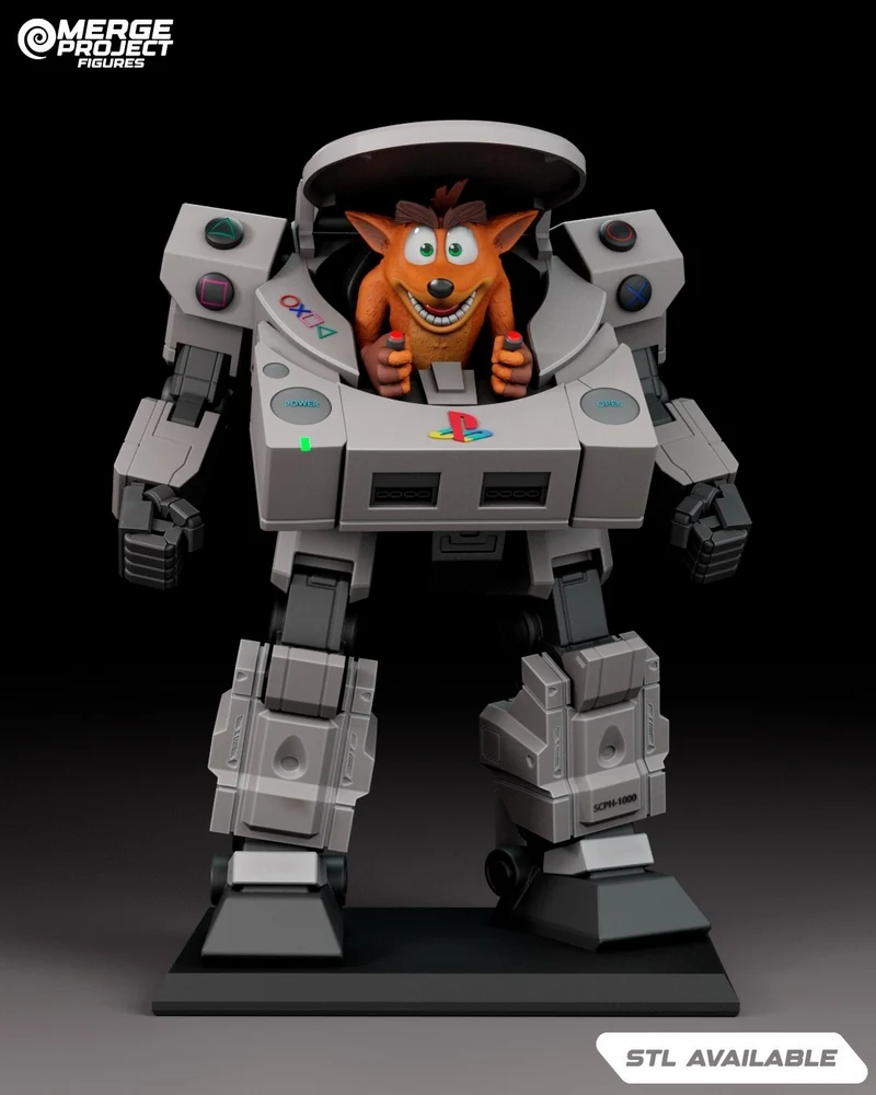 Crash Bandicoot seated inside a gray PlayStation-inspired mecha figure