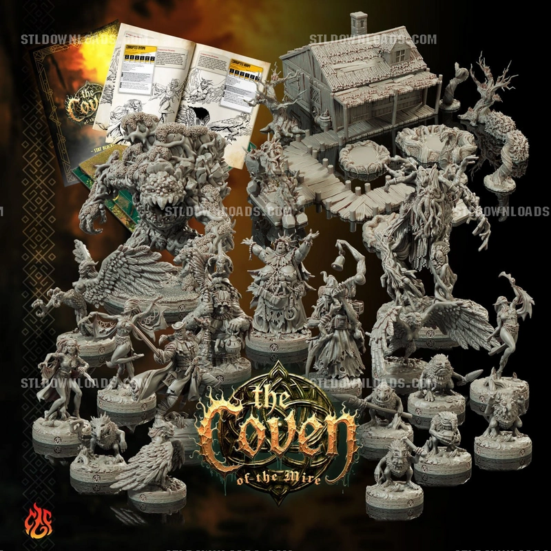 Dark fantasy tabletop miniatures, creatures, terrain, and timber structures
