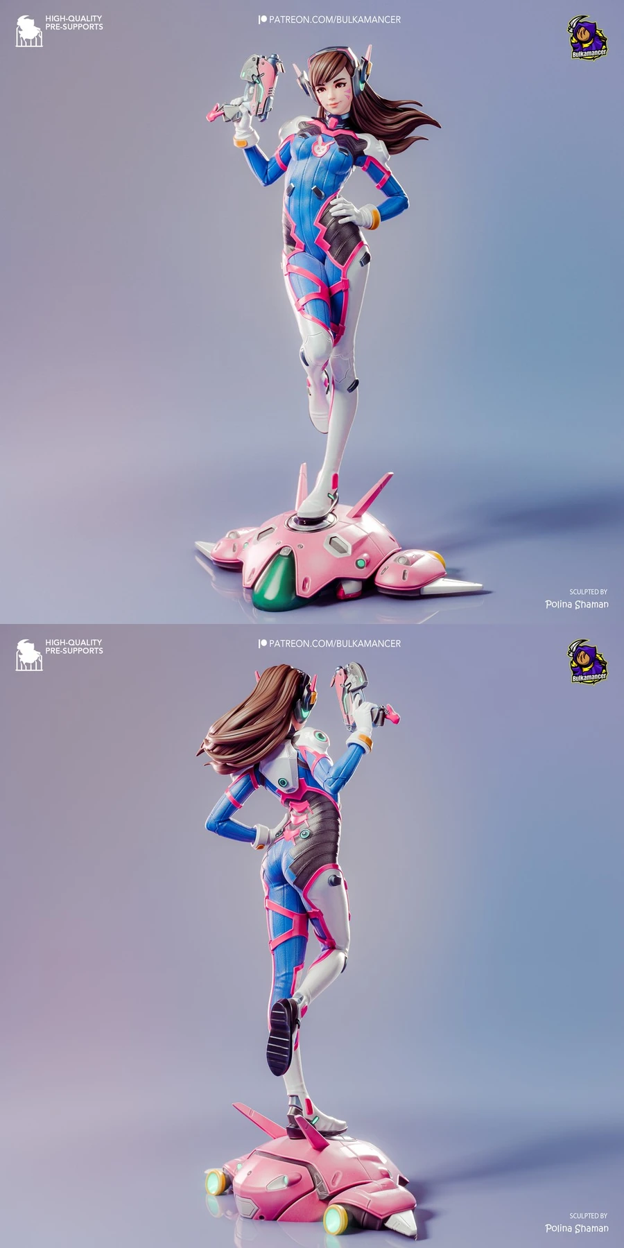 D.Va Overwatch fan art figure in a pink-and-blue suit on a mechanical base