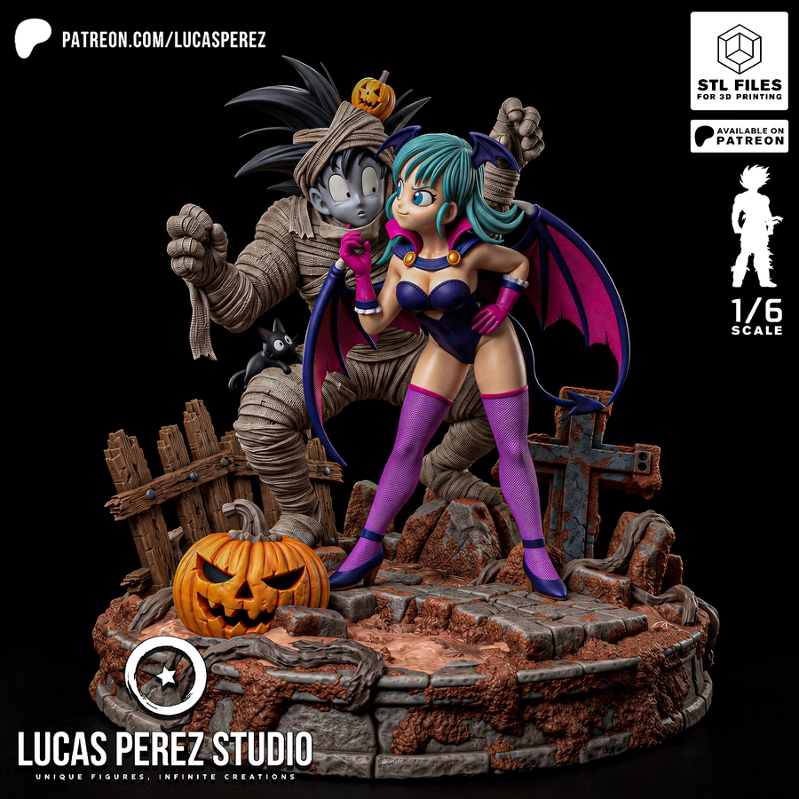 Goku and Bulma Halloween diorama with pumpkins, bats, cat, and graveyard details