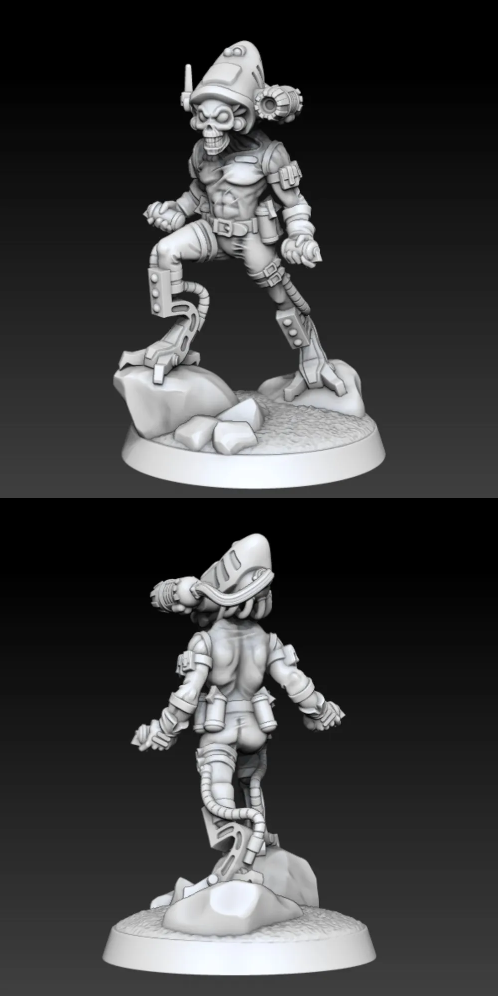 Stylized skull-faced sci-fi character figure on a rocky display base