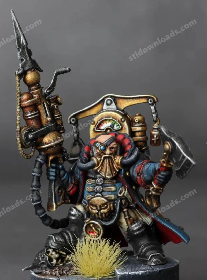 Painted Dagnai Holdenstock miniature with hammer, armor, mechanical gear, and scenic base