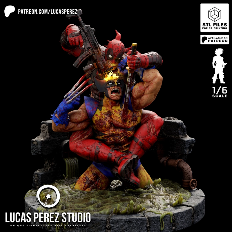 Deadpool and Wolverine Marvel fan-art statue on a rugged rubble base