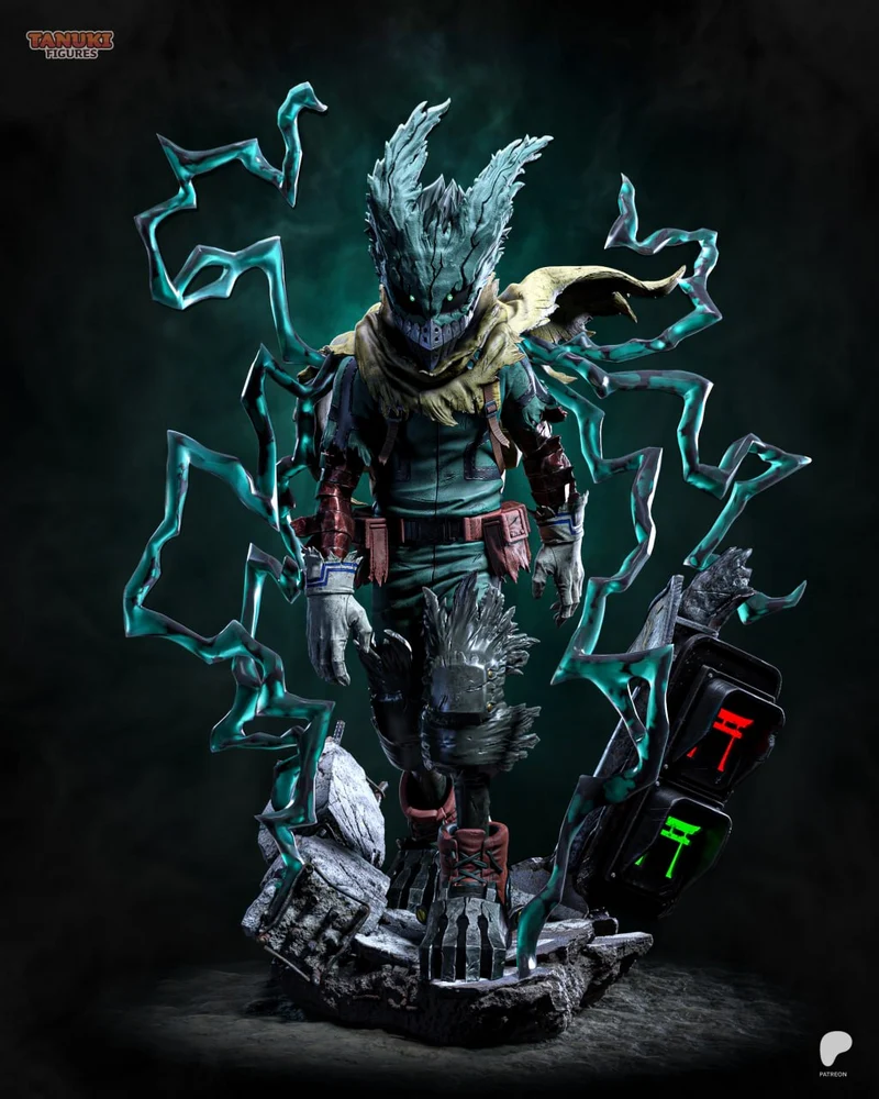 Deku My Hero Academia fan-art figure with teal energy effects and a detailed display base