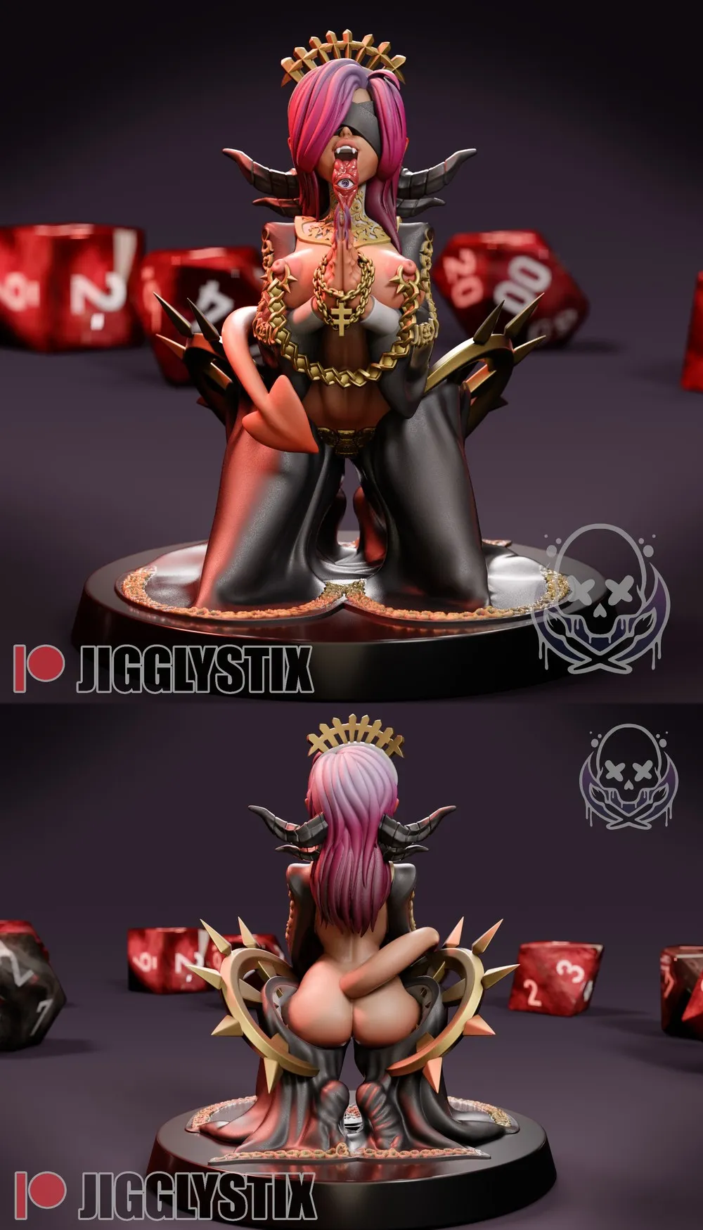 Demon Nun 3 original character statue with pink hair, horns, chains, and a base