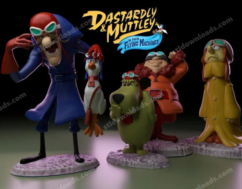 Dick Dastardly, Muttley and Wacky Races character figures on display bases