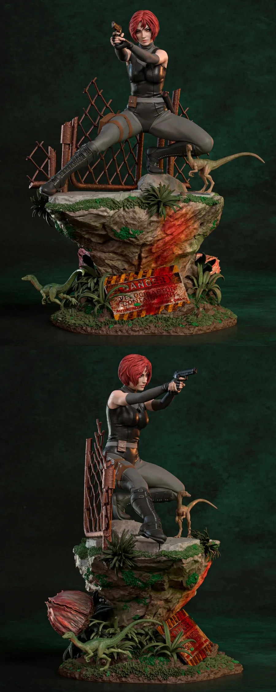 Regina from Dino Crisis aiming a handgun on a dinosaur jungle display base
