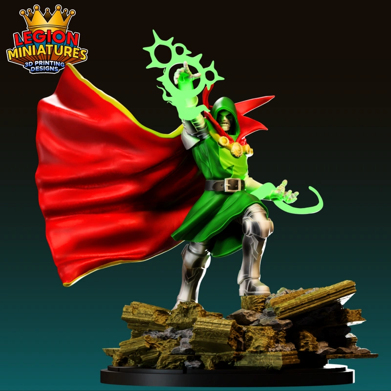 Doctor Doom Sorcerer Supreme in green armor with red cape and magical effects