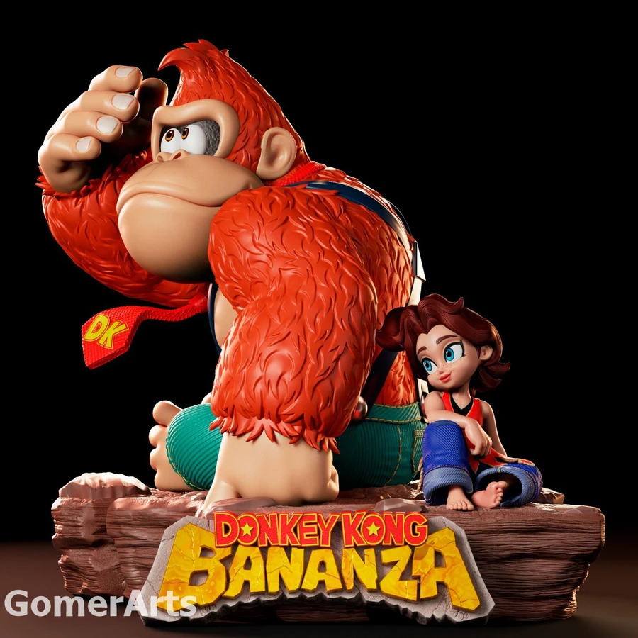 Donkey Kong Babanza fan-art statue with seated companion on a log base
