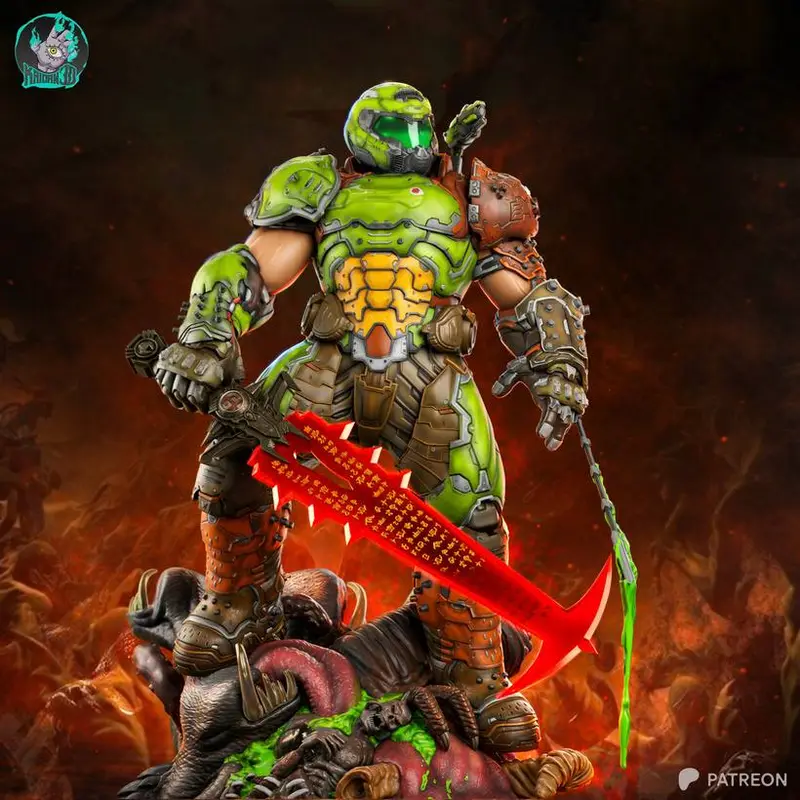 Doom Slayer in green armor holding a red blade above a demon base