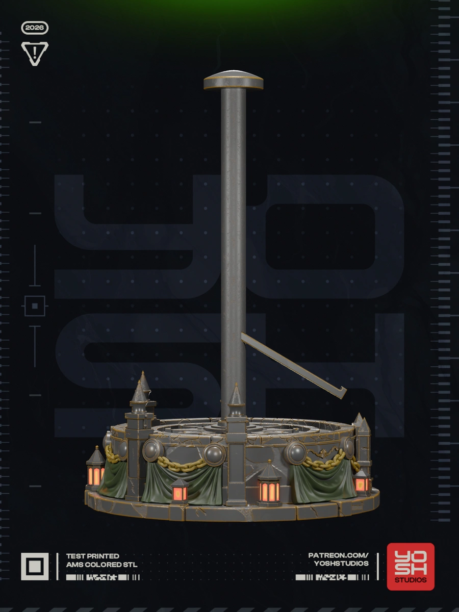 Ornate Doctor Doom helmet display stand with a circular base and tall central post