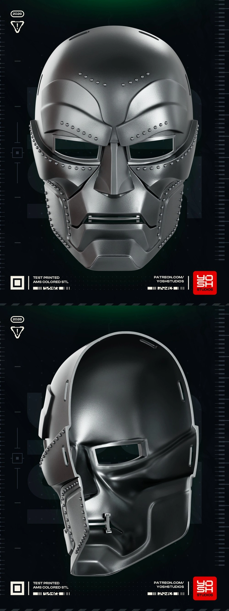 Front and rear views of a riveted Doctor Doom Doomsday Mask 3D model