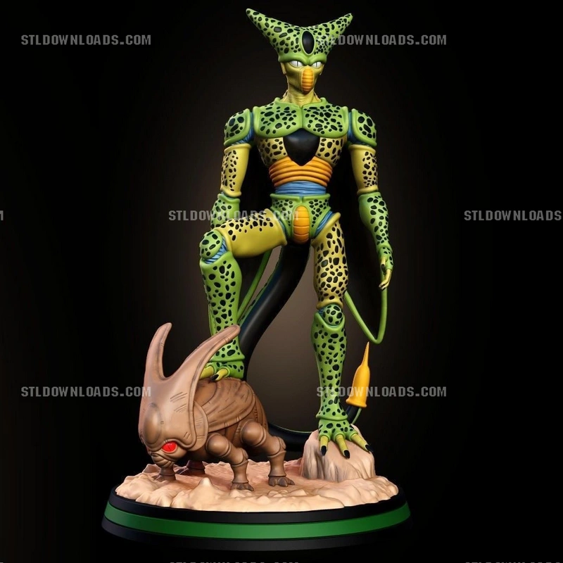 Cell from Dragon Ball as a spotted green character statue on a display base