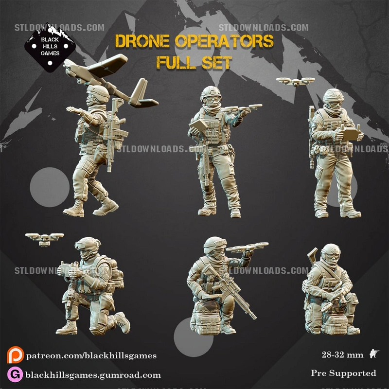 Tactical drone operator miniatures with quadcopters and rifles