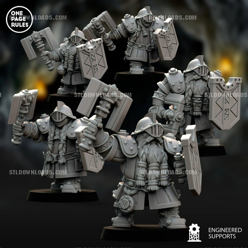 Bearded fantasy veterans in armor with hammers and geometric shields