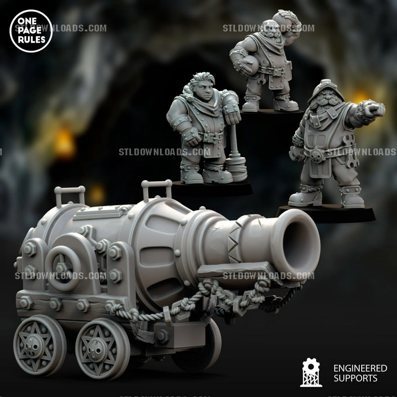 Original fantasy dwarf artillery cannon with flared barrel, wheeled chassis, rope trim, and dwarf miniatures