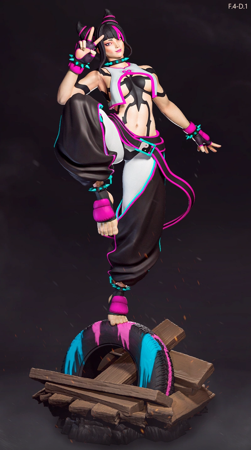 Juri from Street Fighter in a dynamic pose on a tire-and-wood base